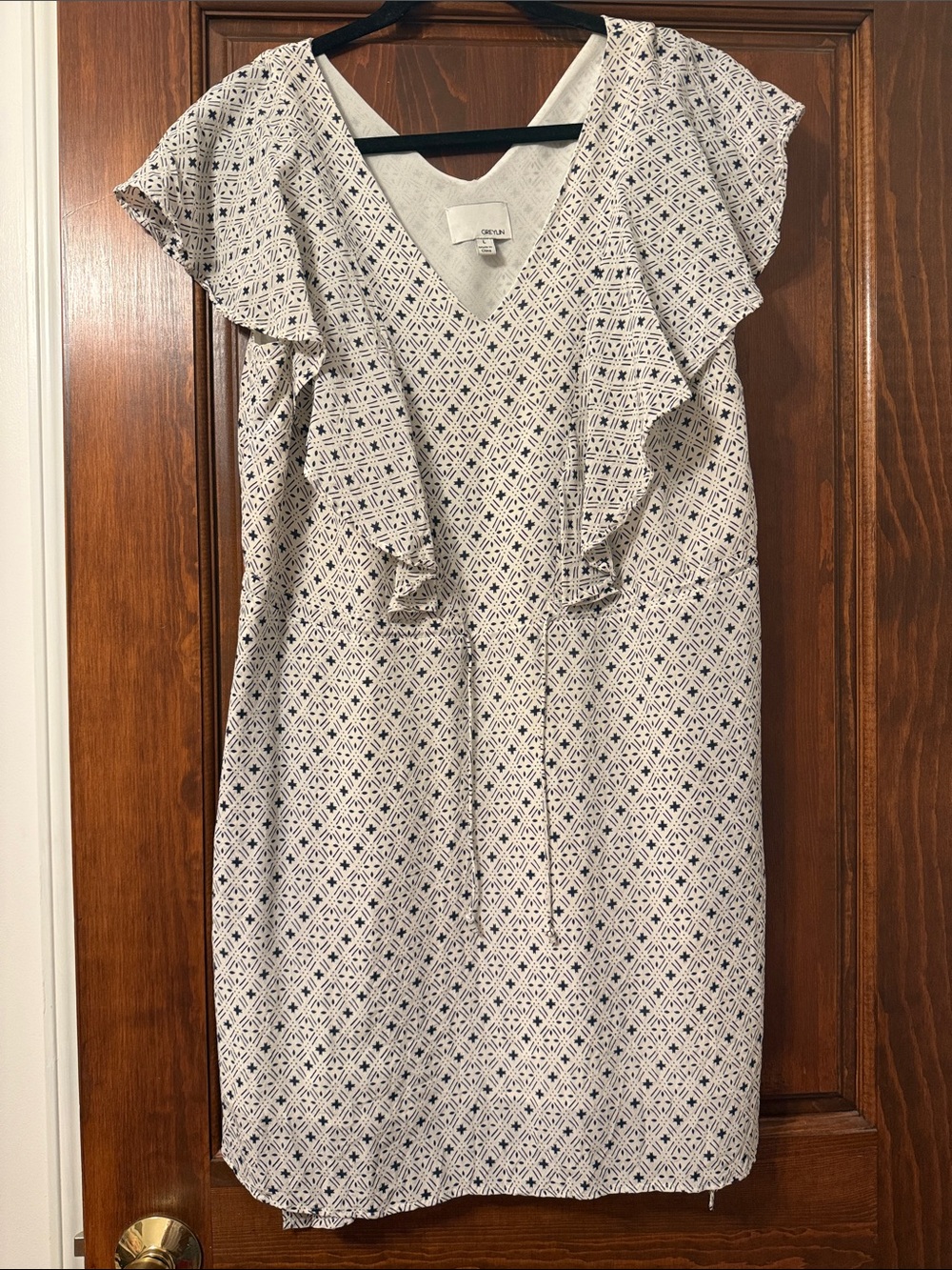 Greylin White Dress with Navy Geometric Print and Ruffle Sleeves